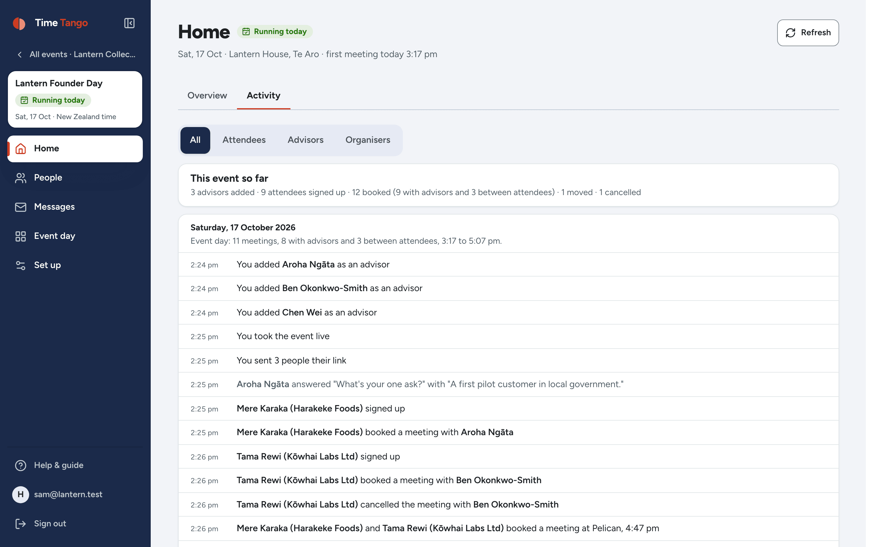 The activity page: dated entries reading who booked whom, who moved a meeting, and who marked a time they can't do