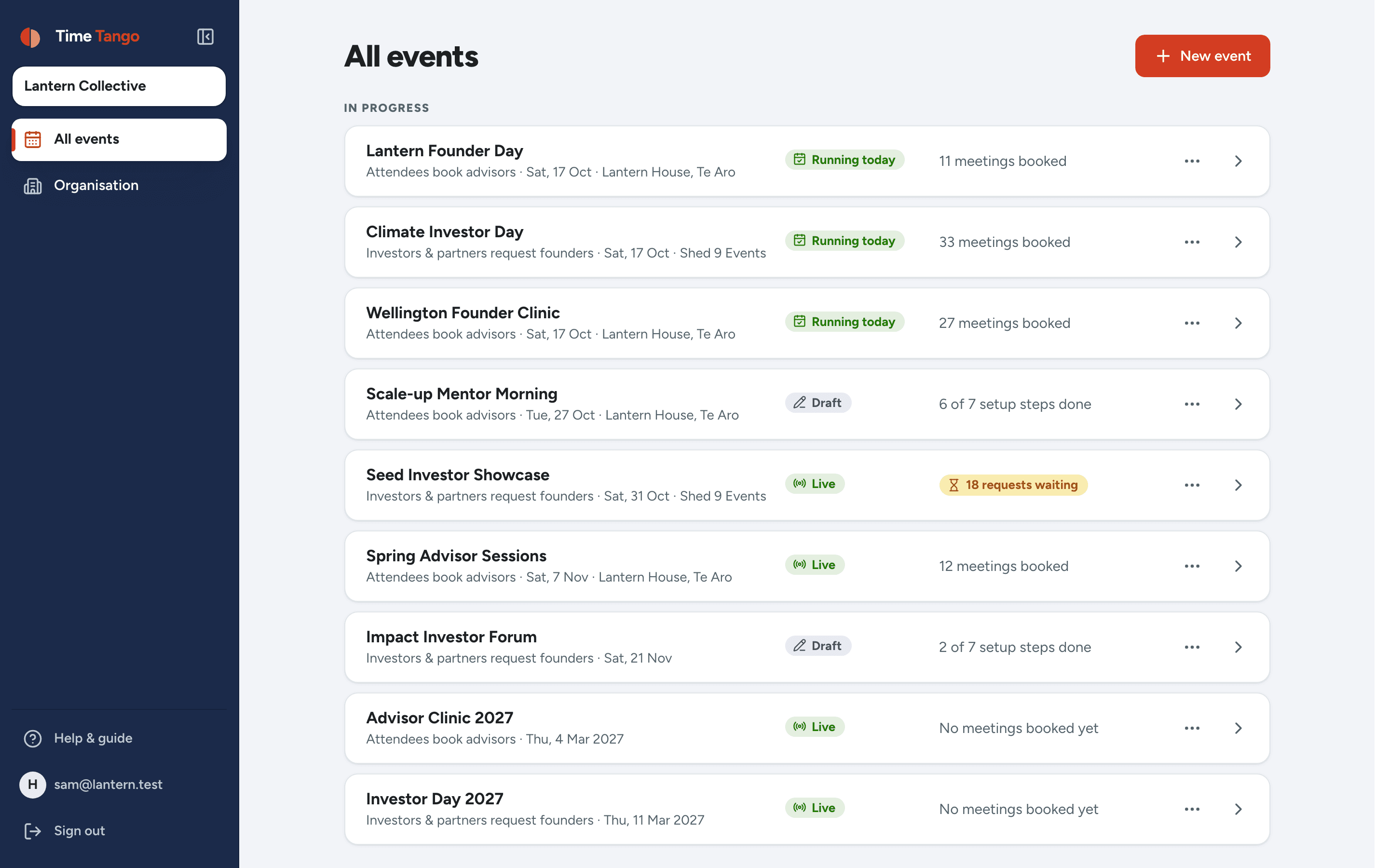All your events in the Time Tango admin
