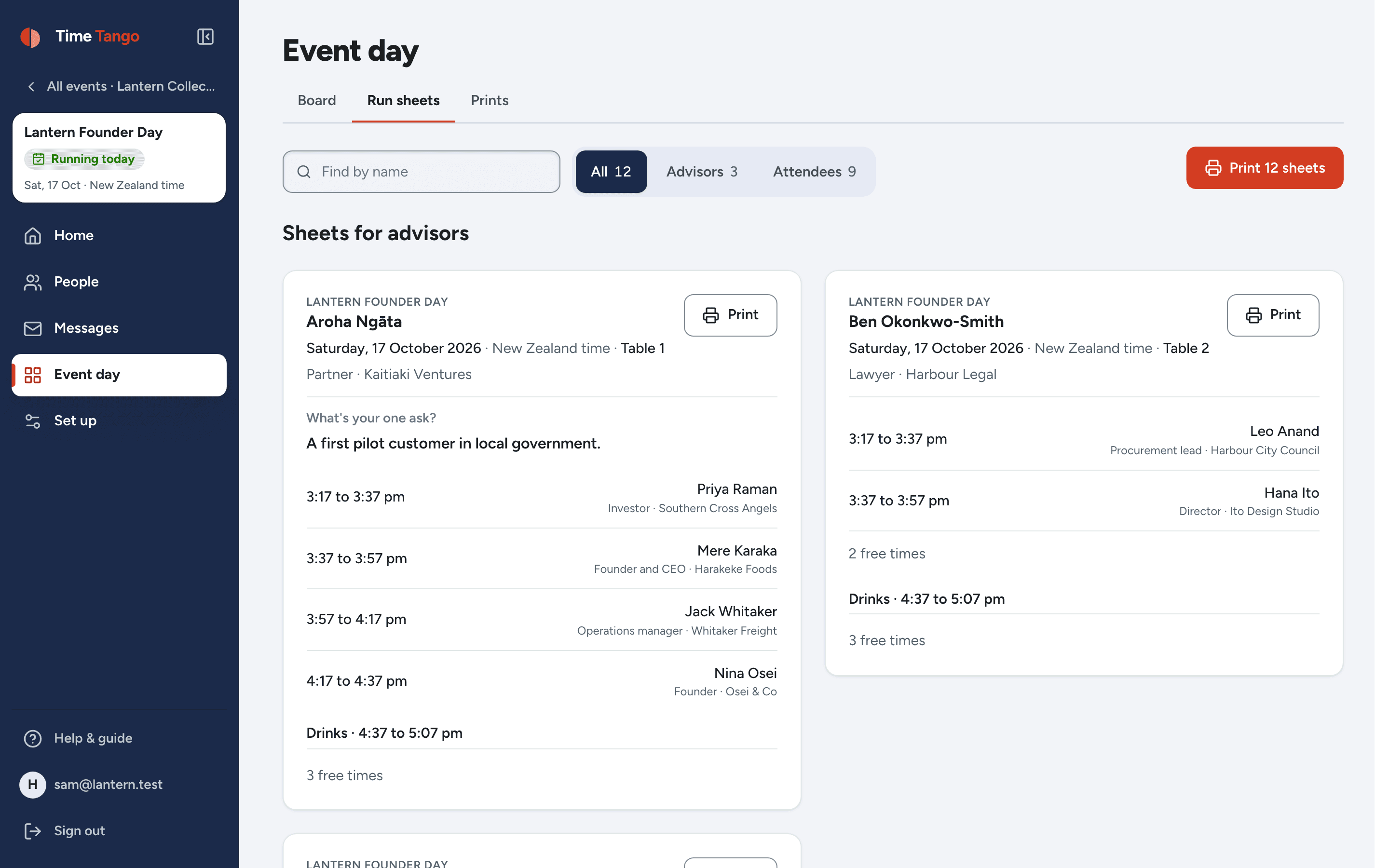 Run sheets: one printable sheet per person, listing each meeting, who it is with, where, and the asks they ticked