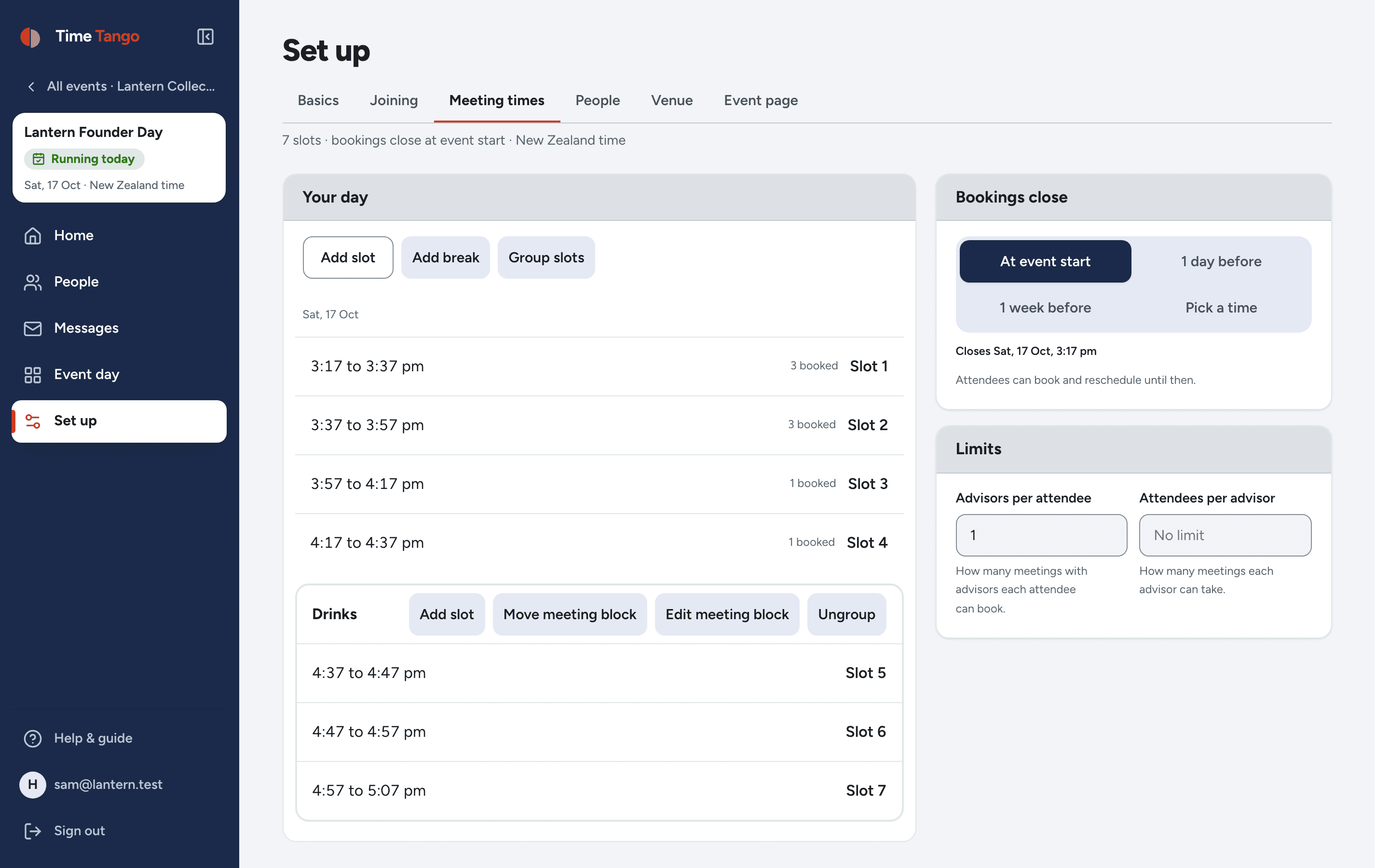 The meeting times screen: four 20-minute meetings listed, then three shorter times grouped as a meeting block called Drinks