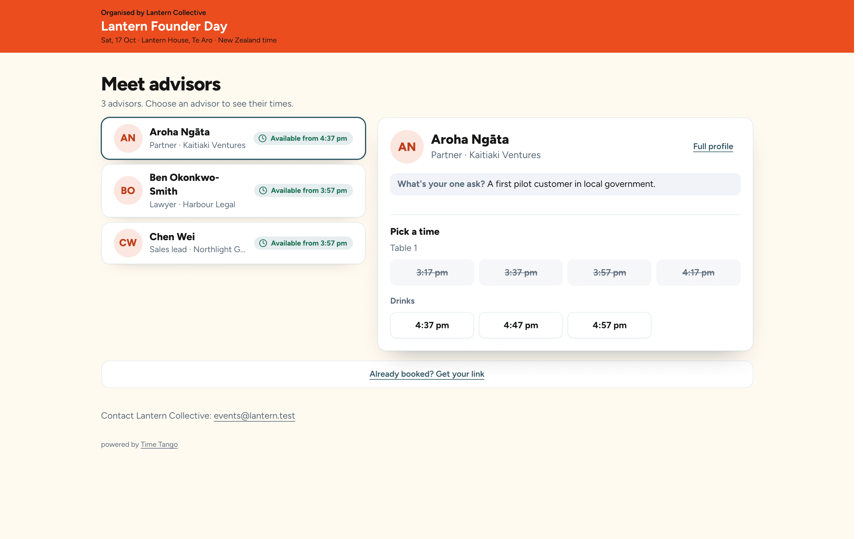 A booking page in the organiser's own brand colours, listing advisors with their open times as tappable buttons