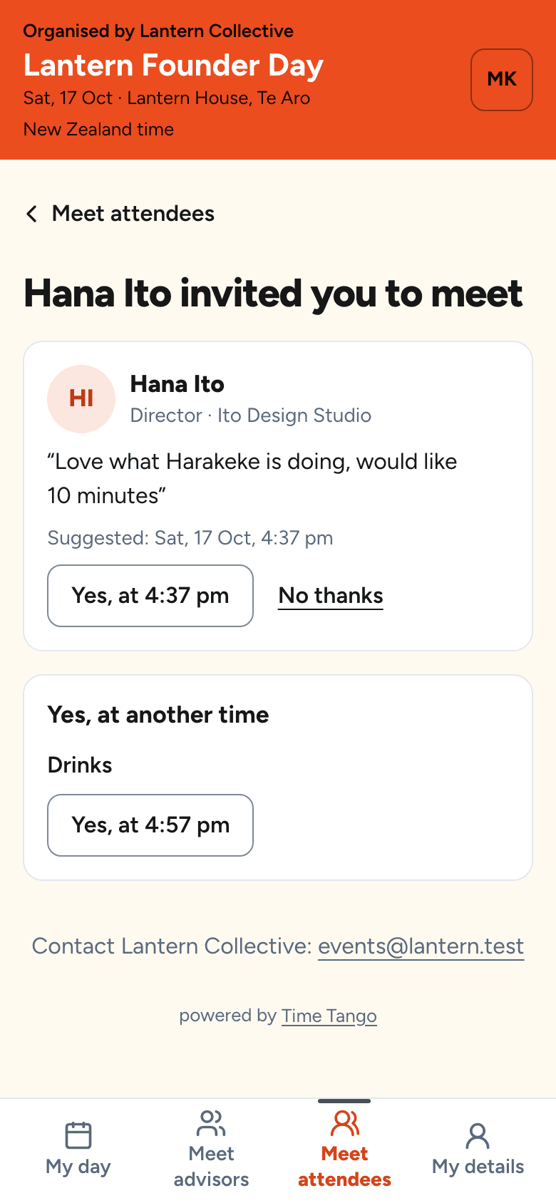 An invite on the other guest's day: who is asking, their note and the suggested time, with Yes at that time, Yes at another time, and No thanks